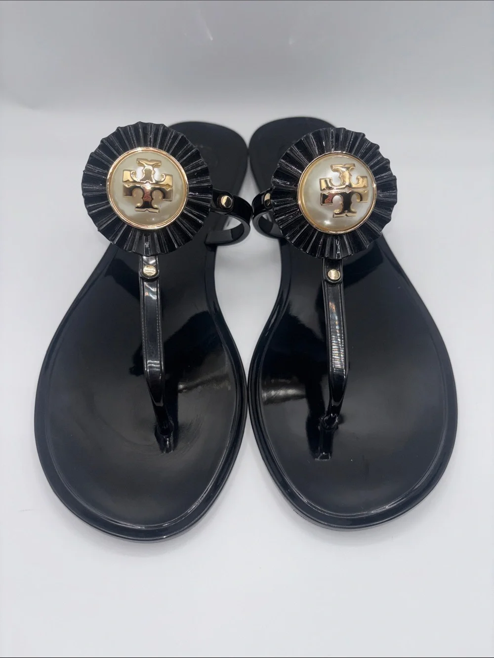 Tory Burch Black Patent Jelly Thong Sandals with Gold Logo Accent